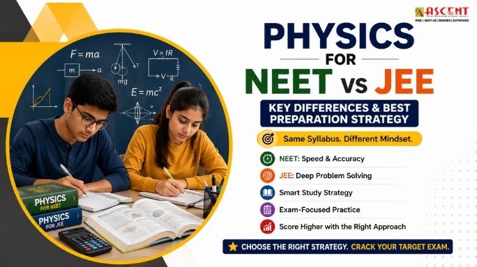 Physics for NEET vs Physics for JEE comparison showing key differences in preparation strategy, speed, accuracy, and problem-solving skills